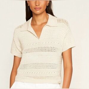 ✨Joie Cream Crochet Knit Short Sleeved Collared V-Neck Sweater Shirt Size Small